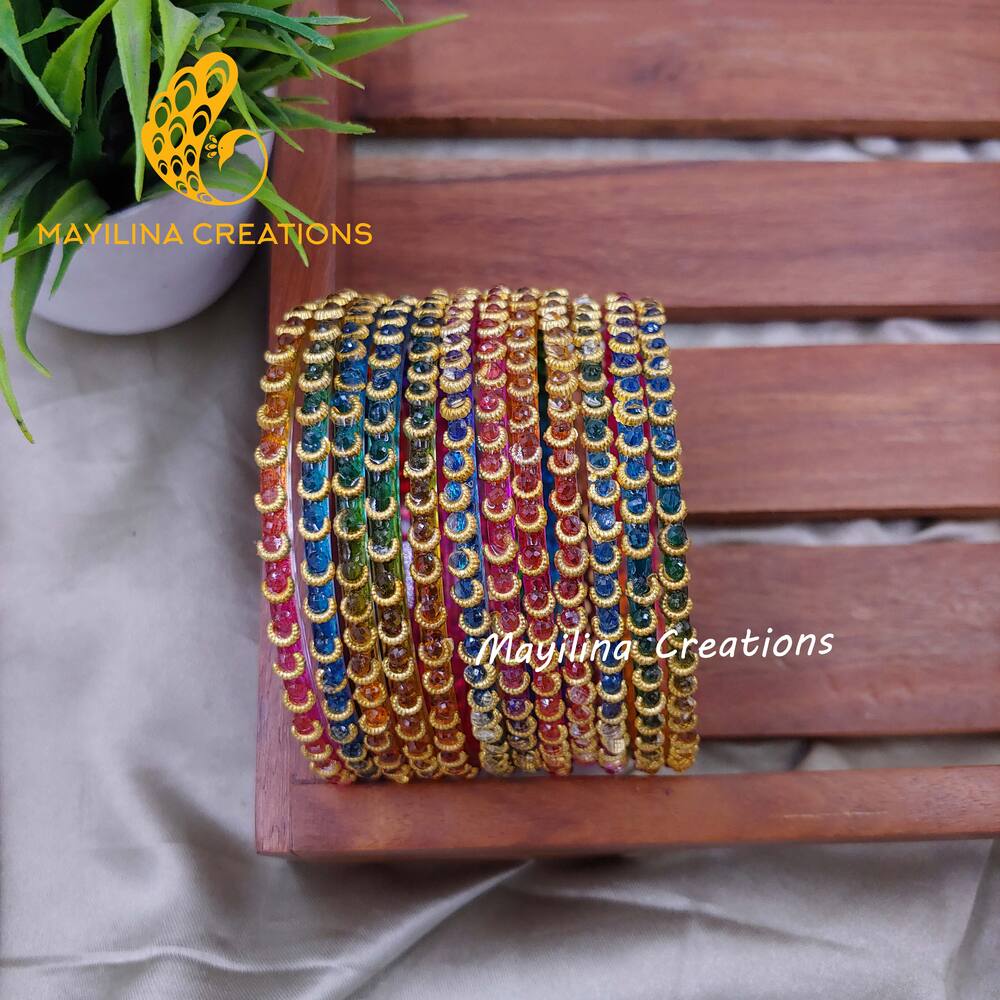 Dark Multicolor Illampirai Crystal Glass Bangles 