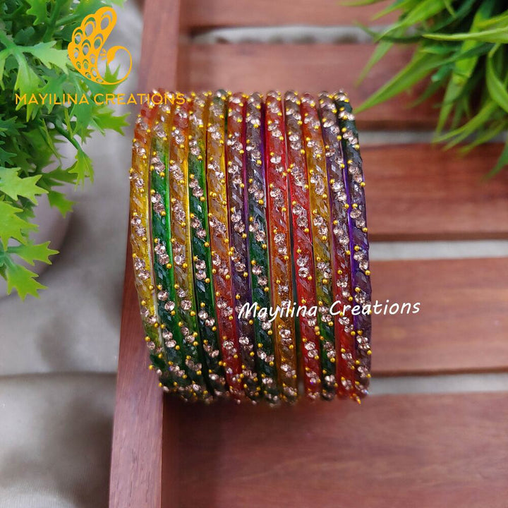 Dark Multicolor Thara Designer Glass Bangles - Set of 12 Bangles