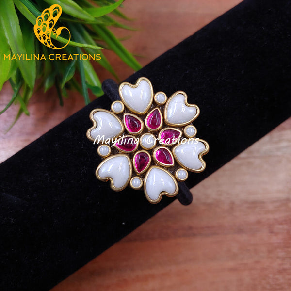 Dark Pink Heart Flower Kundan Hair Bands (Pearl White) (Medium Size)
