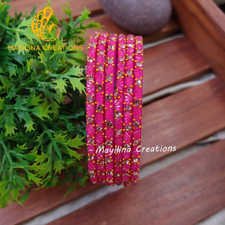 Dark Pink Lotus Design Glass Bangles (Set of 6 bangles)
