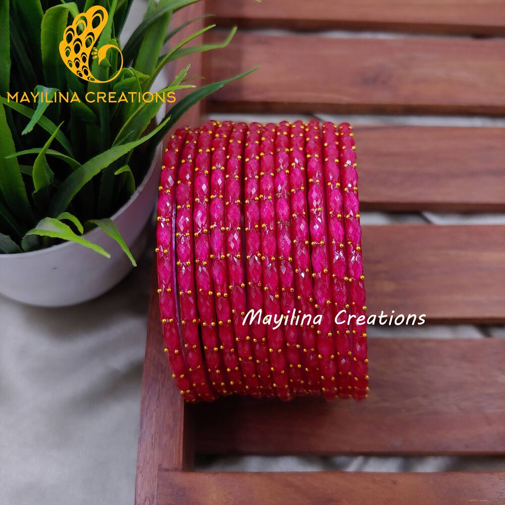 Dark Pink Matte Raindrop Glass Bangles (Set of 12 Bangles)
