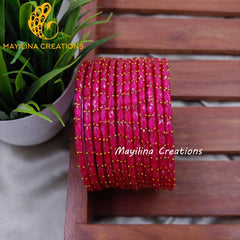Dark Pink Matte Raindrop Glass Bangles (Set of 12 Bangles)