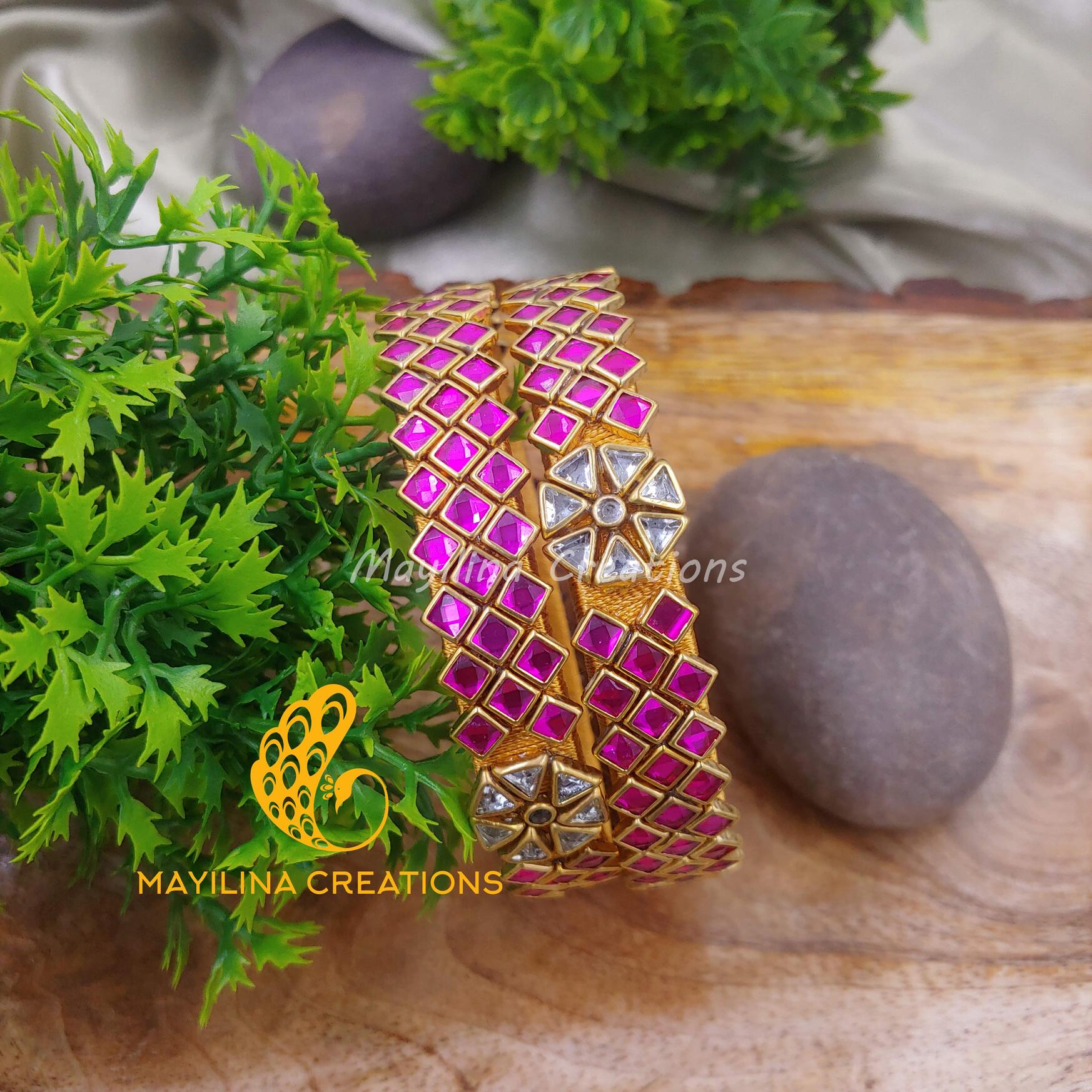 Dark Pink Triple Line Kundan Kada Bangles - Silk Thread Bangles (Set of 2 Bangles)