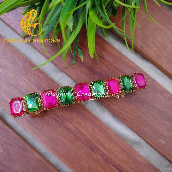 Dark Pink and Dark Green Rectangle Clip Stone Traditional Stone Centre Hair Clips
