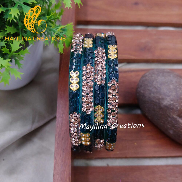 Dark Teal Glass Kada Bangles - Moni (Set of 4 Bangles)