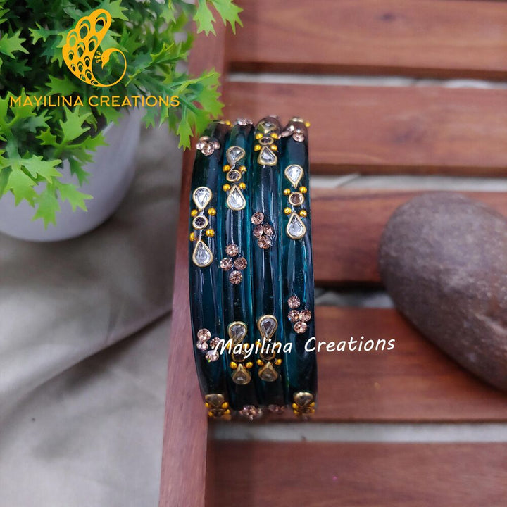 Dark Teal Glass Kada Bangles - Nidhi (Set of 4 Bangles)