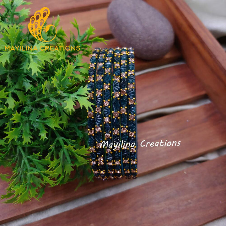 Dark Teal Lotus Design Glass Bangles (Set of 6 bangles)