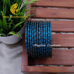 Dark Teal Matte Raindrop Glass Bangles (Set of 12 Bangles)