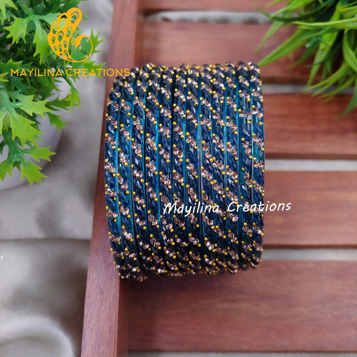 Dark Teal Thara Designer Glass Bangles - Set of 12 Bangles