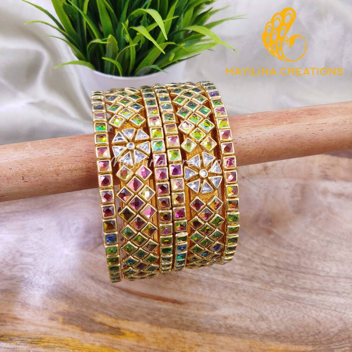 Devi - Multicolor Kundan Kada Bangles with Border Single Line Bangles - Silk Thread Bangles (Set of 6 Bangles)