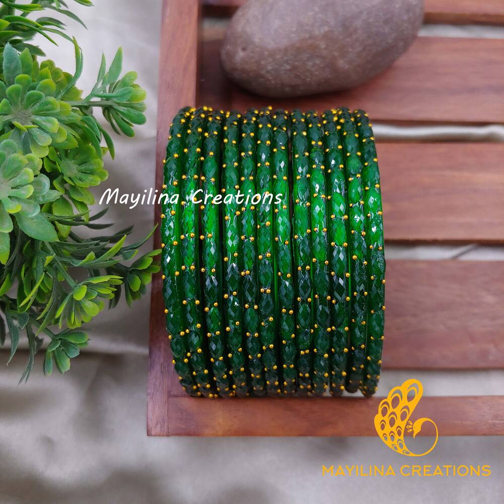 Dark Green Raindrop Glass Bangles (Set of 12 Bangles)