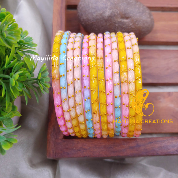 Pastel Multicolor Matte Raindrop Glass Bangles (Set of 12 Bangles)