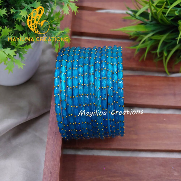 Peacock Blue Matte Raindrop Glass Bangles (Set of 12 Bangles)