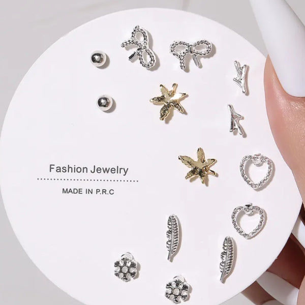 Gold Leaf Pack of 7 Studs - Elegant Earrings Combo Set