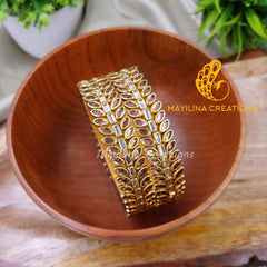 Gold Leaf Pattern Kundan Silk Thread Bangles Design (Set of 2 Bangles)