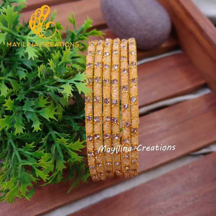 Gold Lotus Design Glass Bangles (Set of 6 bangles)