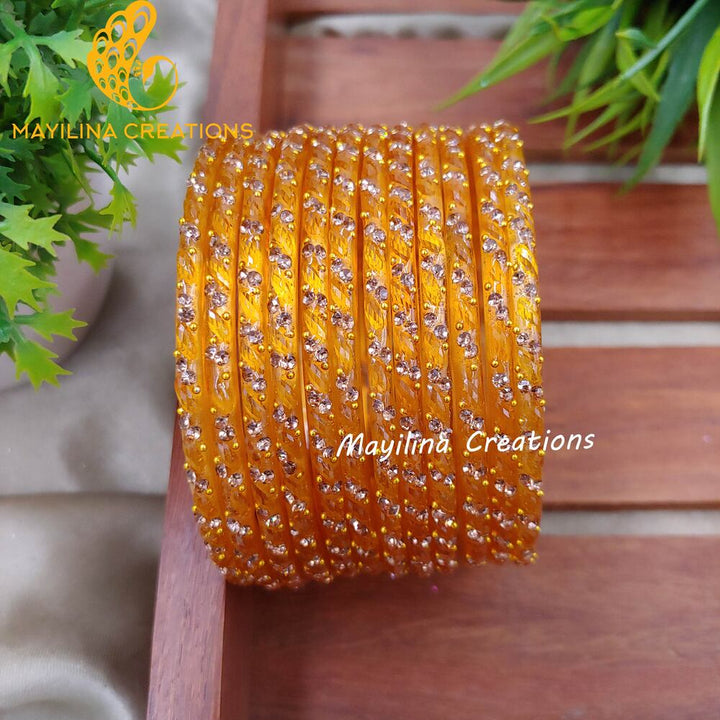 Golden Yellow Thara Designer Glass Bangles - Set of 12 Bangles