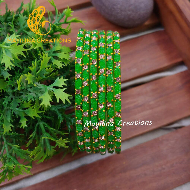 Green Lotus Design Glass Bangles (Set of 6 bangles)