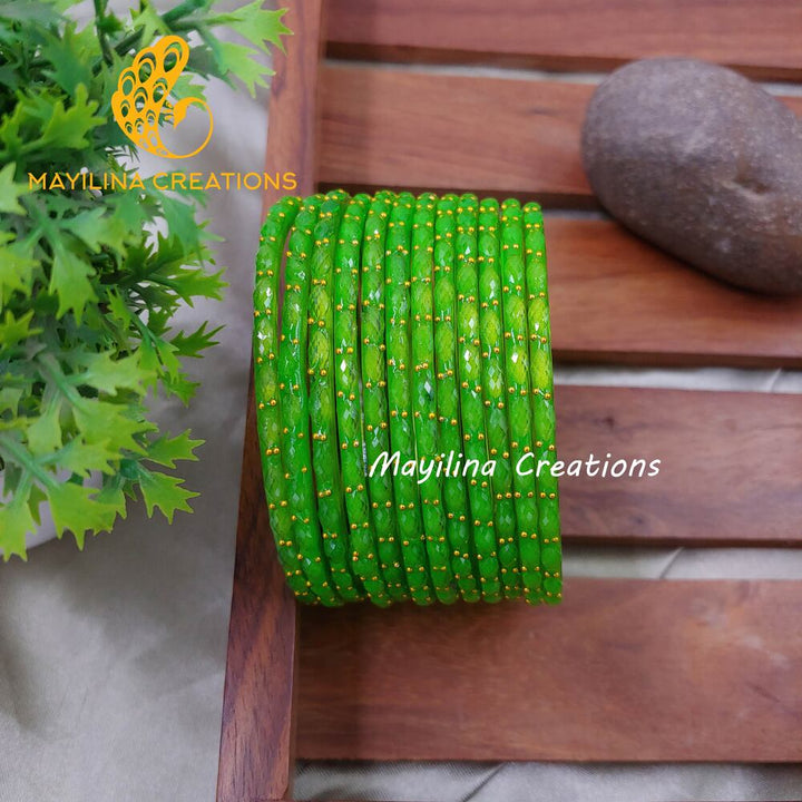 Green Matte Raindrop Glass Bangles (Set of 12 Bangles)