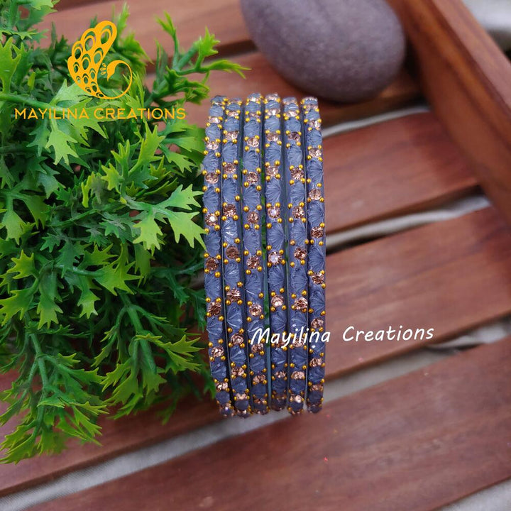 Grey Lotus Design Glass Bangles (Set of 6 bangles)