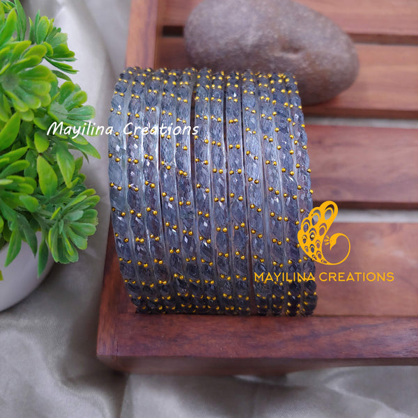 Grey Raindrop Glass Bangles (Set of 12 Bangles)