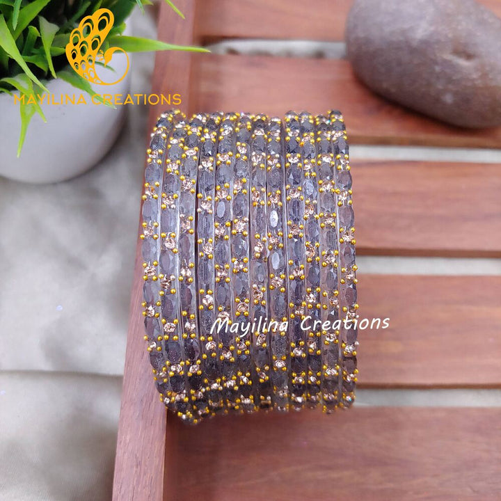 Grey Twinkle Designer Glass Bangles - Set of 12 Bangles