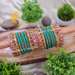 Harini - Blue and Yellow Exquisite Kundan Bridal Silk Thread Bangles for Women