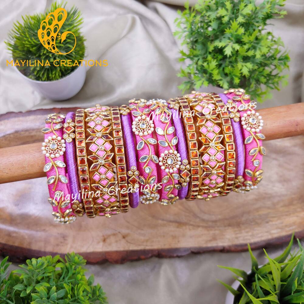 Inbha - Pink and Orange Elegant Kundan Bridal Silk Thread Bangles