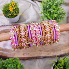 Inbha - Pink and Orange Elegant Kundan Bridal Silk Thread Bangles