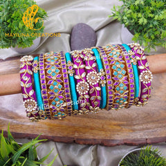 Inbha - Purple and Teal Elegant Kundan Bridal Silk Thread Bangles