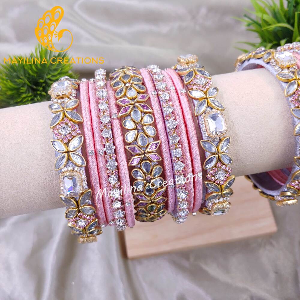 Indu - Light Pink and Silver Trendy Kundan Bangles for Wedding 1