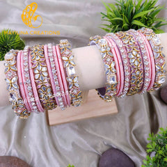 Indu - Light Pink and Silver Trendy Kundan Bangles for Wedding