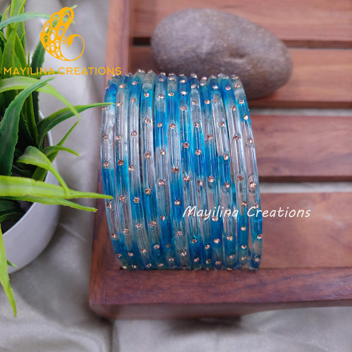 Light Blue Dual Tone Glass Bangles with Stone