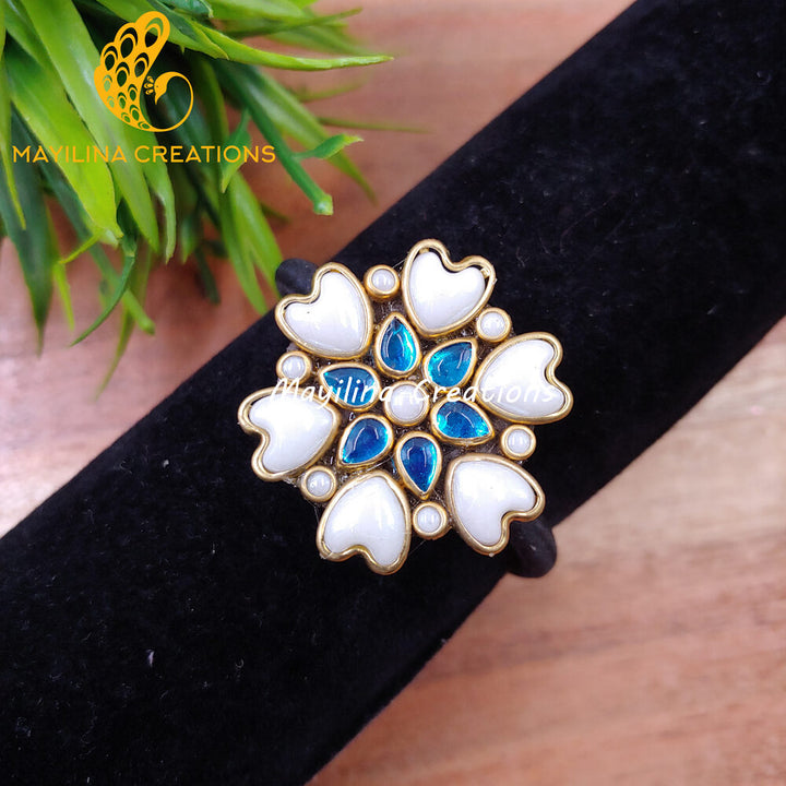 Light Blue Heart Flower Kundan Hair Bands (Pearl White) (Medium Size)