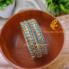 Light Blue Leaf Pattern Kundan Silk Thread Bangles Design (Set of 2 Bangles)