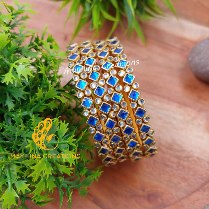Light Blue Rhombus Pattern Golss with White Stone Kundan Silk Thread Bangles (Set of 4 Bangles)Multicolor