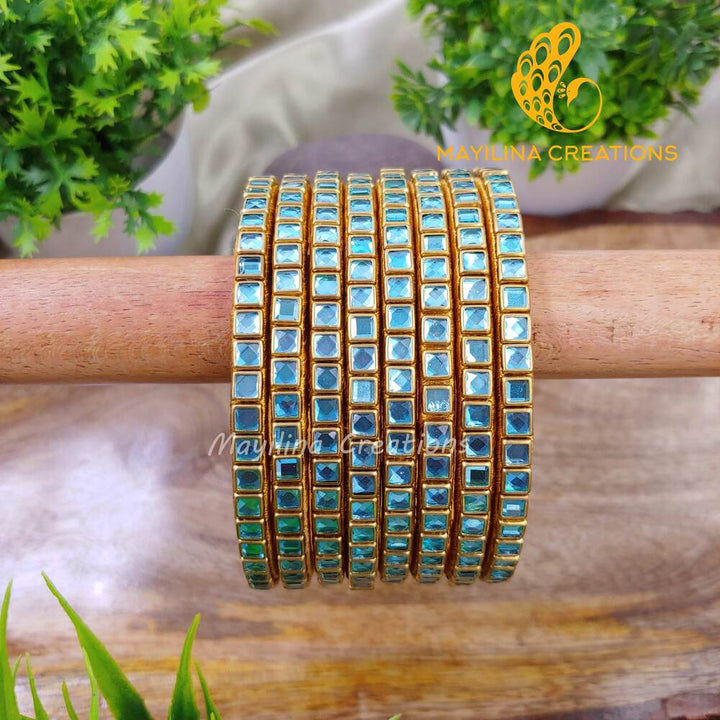 Light Blue Single Line Kundan Bangles - Silk Thread Bangles (Set of 8 Bangles)
