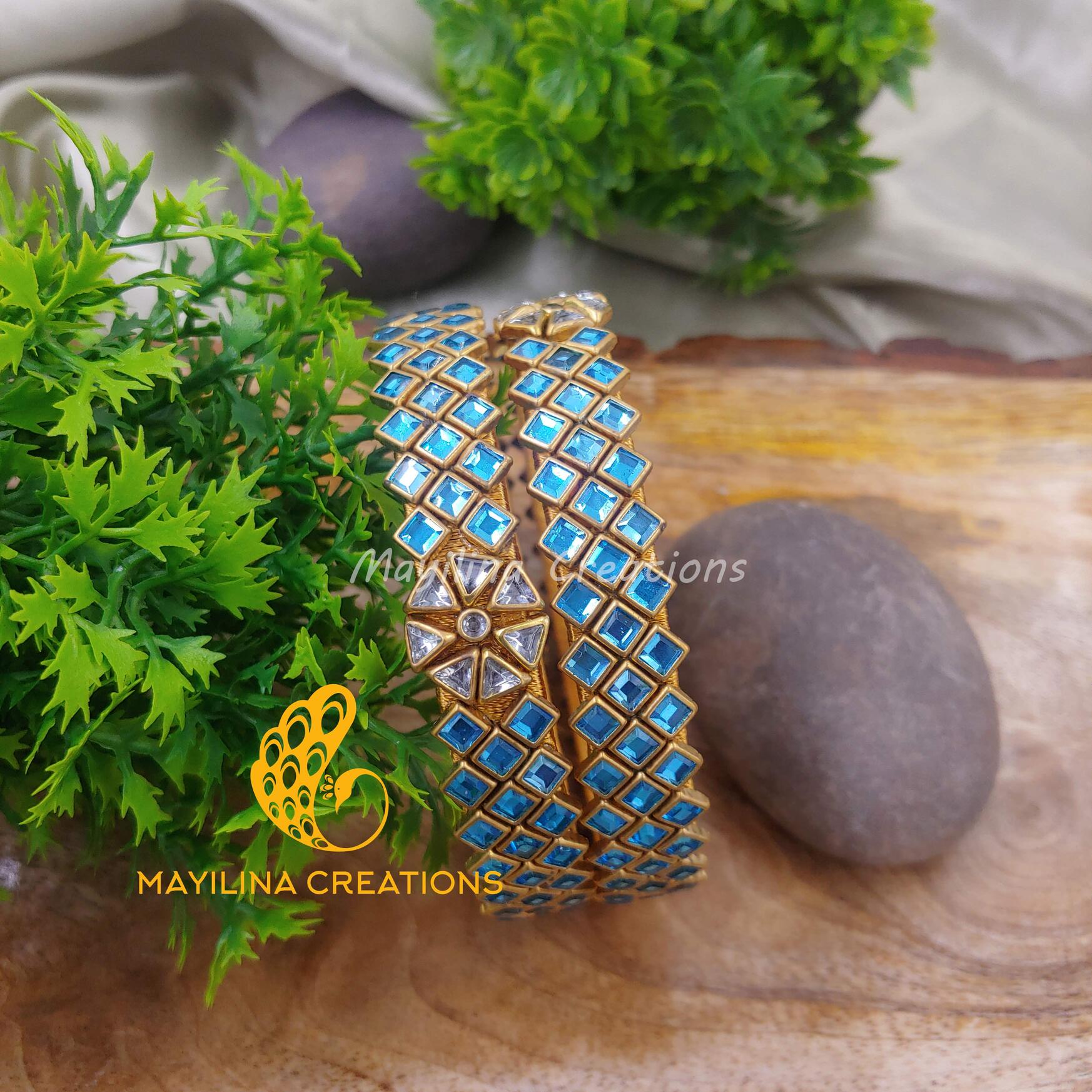 Light Blue Triple Line Kundan Kada Bangles - Silk Thread Bangles (Set of 2 Bangles)