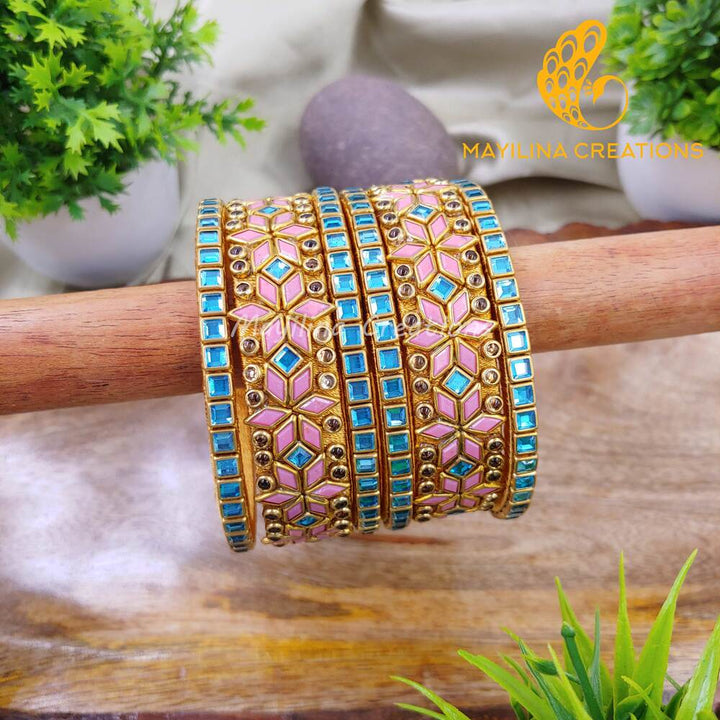 Light Blue and Light Pink Diamond Flower Kada Bangles with Border Kundan Bangles - Silk Thread Bangles (Set of 6 Bangles)
