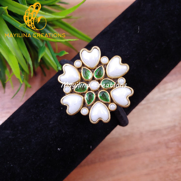 Light Green Heart Flower Kundan Hair Bands (Pearl White) (Medium Size)
