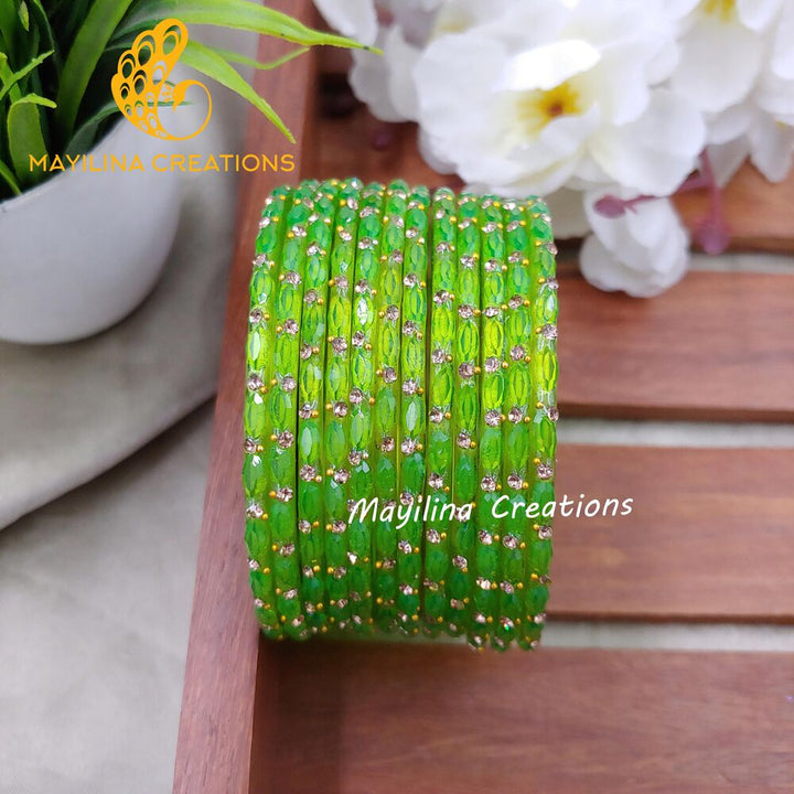 Light Green Indu - Designer Glass Bangles - Set of 12 Bangles
