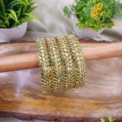 Light Green Leaf Pattern Kundan Kada Silk Thread Bangles Design (Set of 4 Bangles)