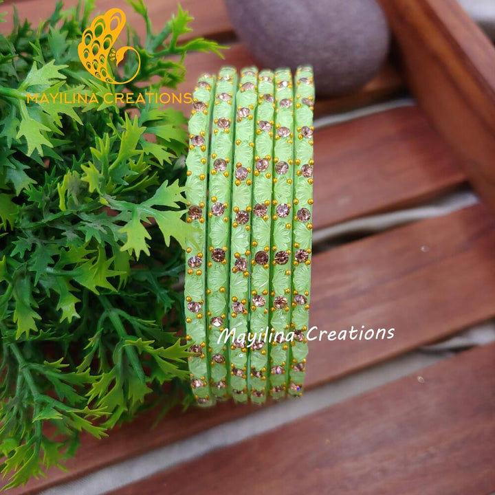 Light Green Lotus Design Glass Bangles (Set of 6 bangles)