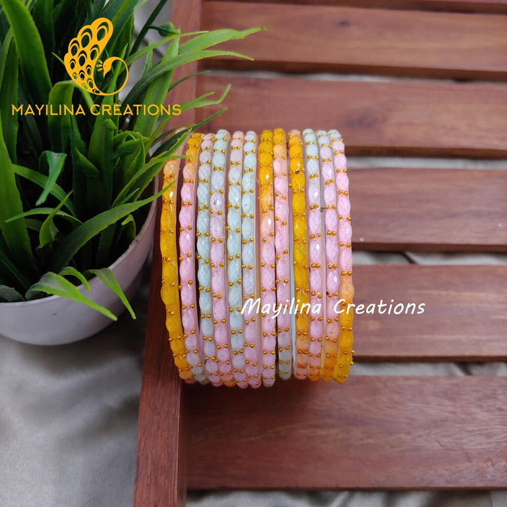 Light Multicolor Matte Raindrop Glass Bangles (Set of 12 Bangles)