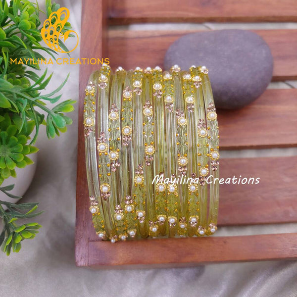 Light Olive Designer Glass Bangles - Chitrani