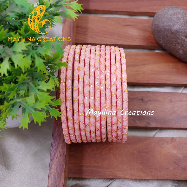 Light Peach Matte Raindrop Glass Bangles (Set of 12 Bangles)