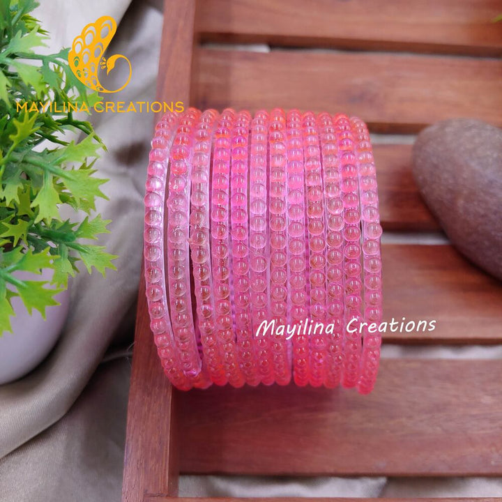 Light Pink Bubble Design Glass Bangles - Set of 12 Bangles