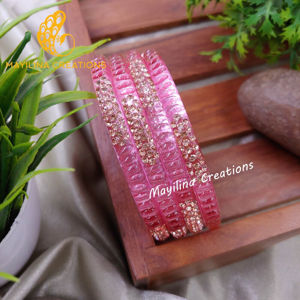 Light Pink Glass Kada Bangles - Haruni (Set of 4 Bangles)