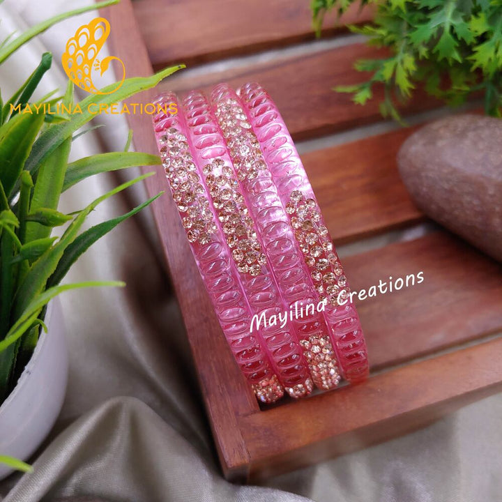 Light Pink Glass Kada Bangles - Haruni (Set of 4 Bangles)