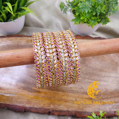 Light Pink Leaf Pattern Kundan Kada Silk Thread Bangles Design (Set of 4 Bangles)